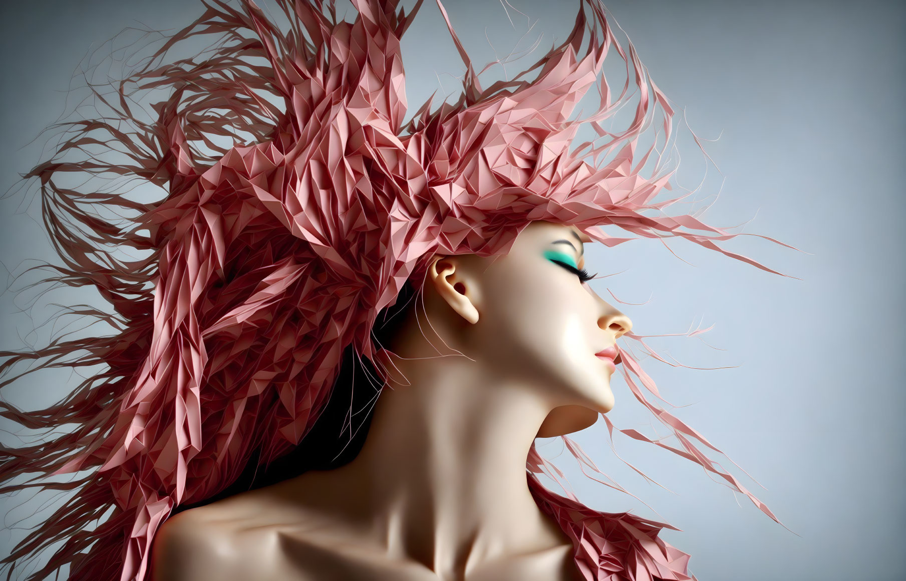 Digital Artwork: Woman with Pink Origami Headdress