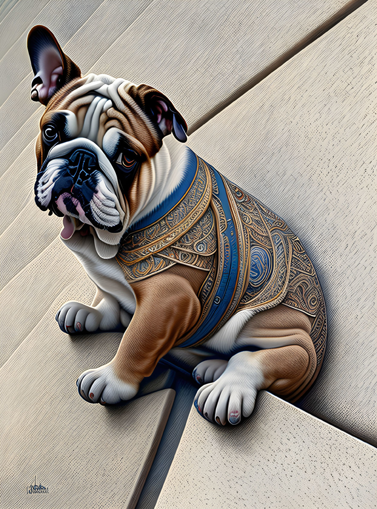 Stylized bulldog in decorated vest sitting on staircase with tongue out