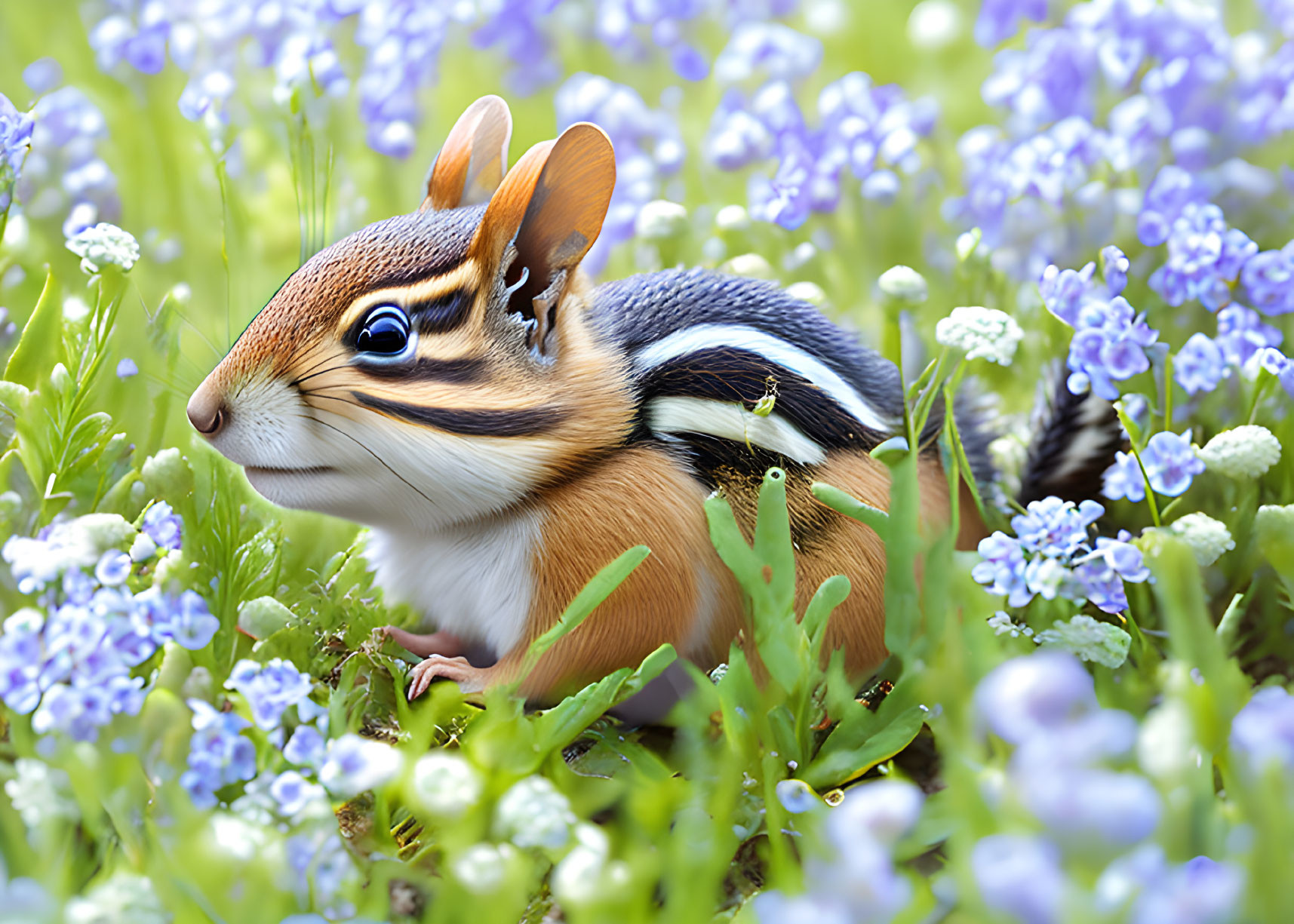 Chipmunk in Violet Flower Field with Stripes and Bushy Tail