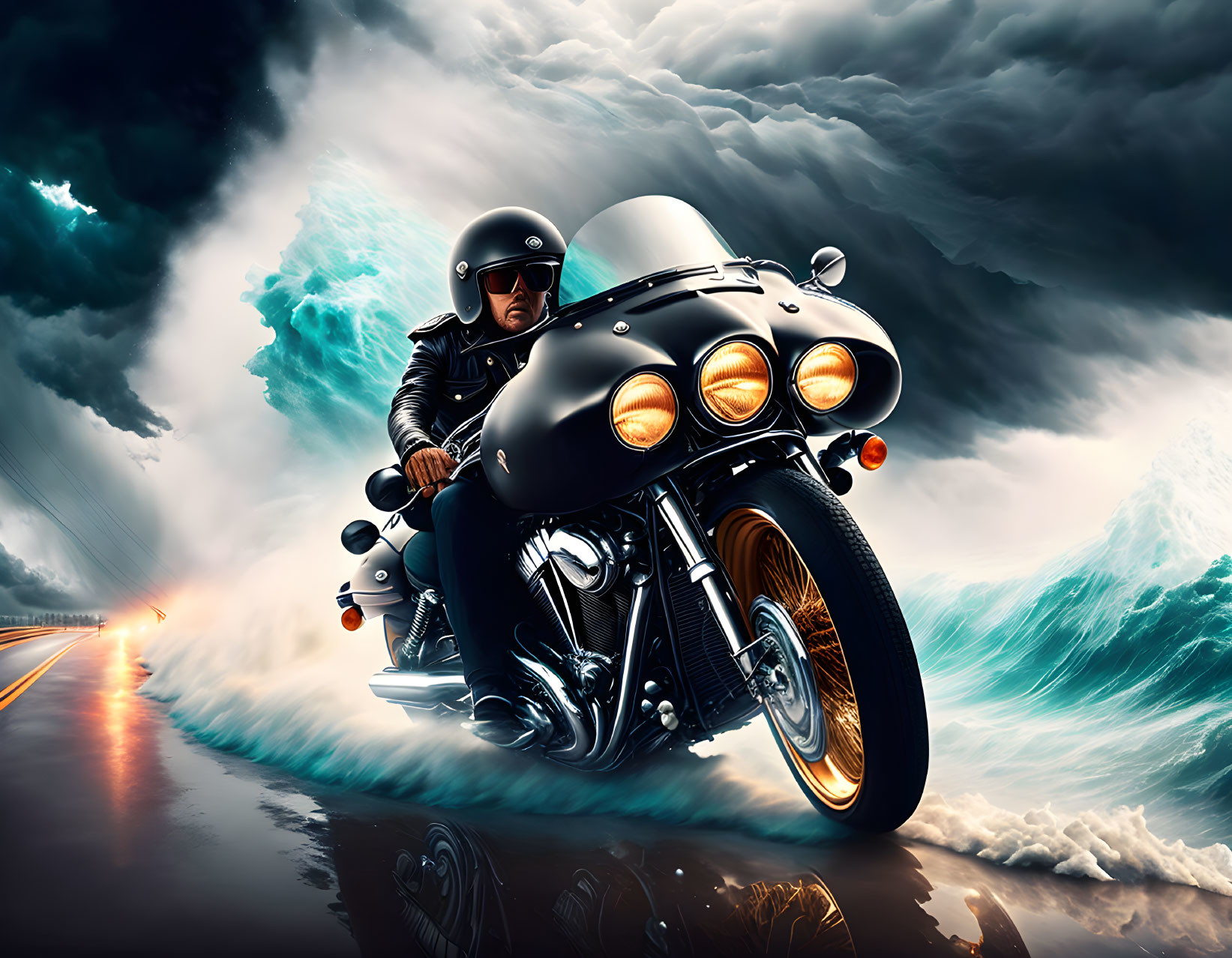 Motorcyclist in full gear speeds on coastal road under stormy skies