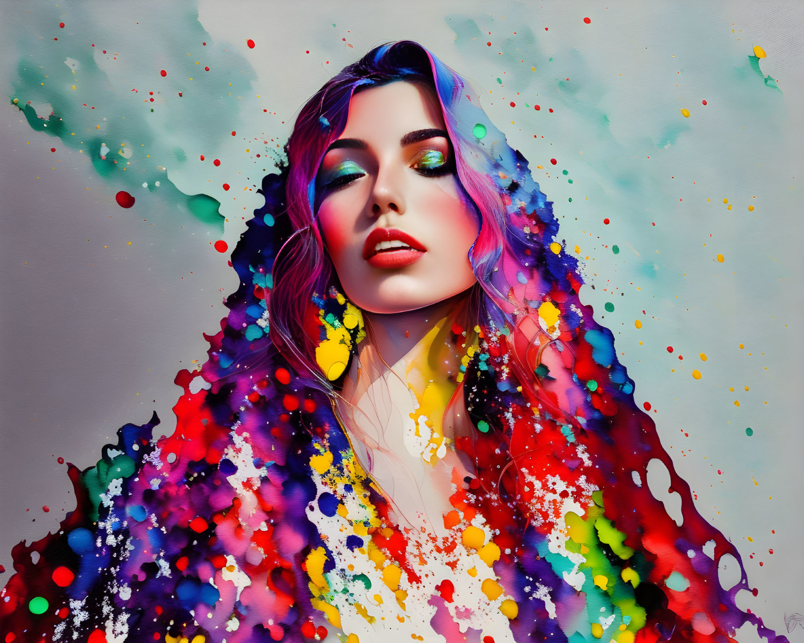 Colorful digital artwork: Woman surrounded by multicolored splashes