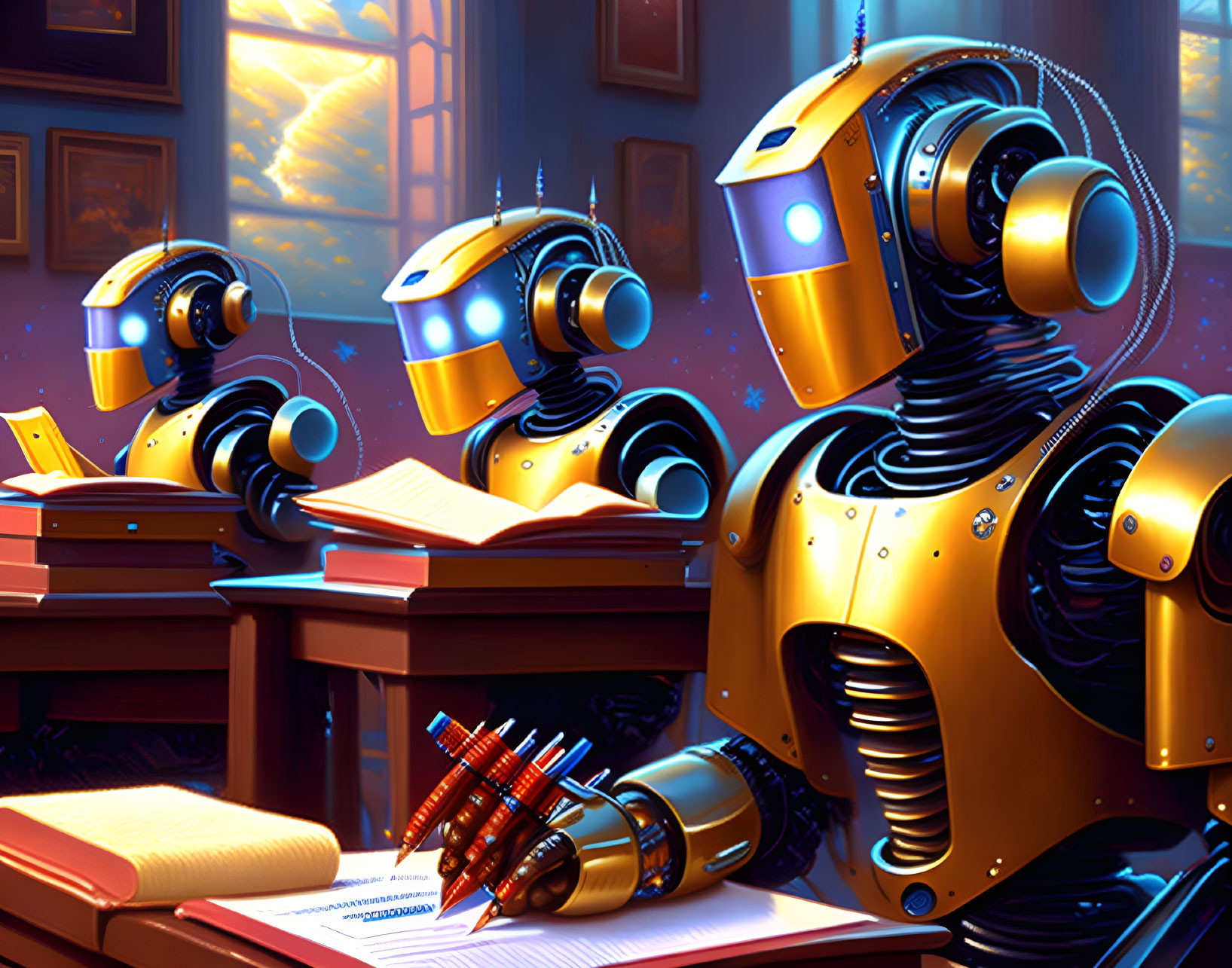 Glowing-eyed robots reading books in cozy room