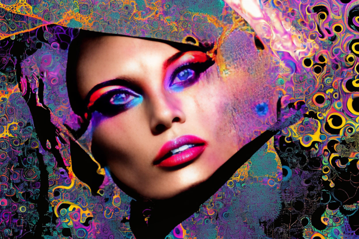 Colorful abstract digital portrait of a woman with bold makeup