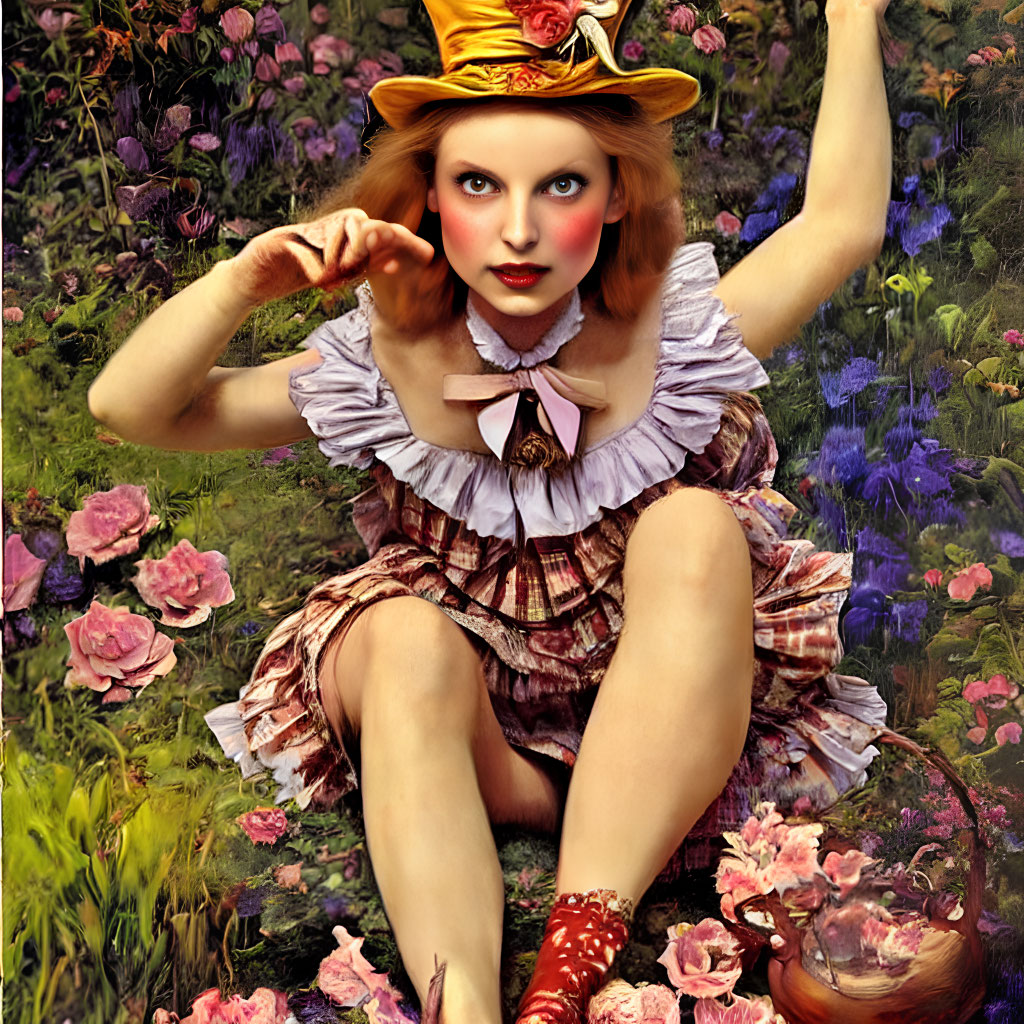 Colorful Clown Woman Sitting Among Vibrant Flowers in Whimsical Attire