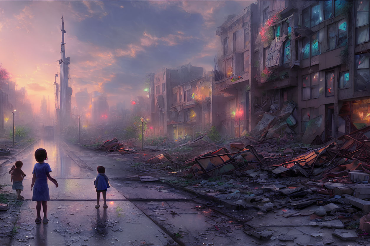 Children standing in desolate street at dusk among abandoned buildings.