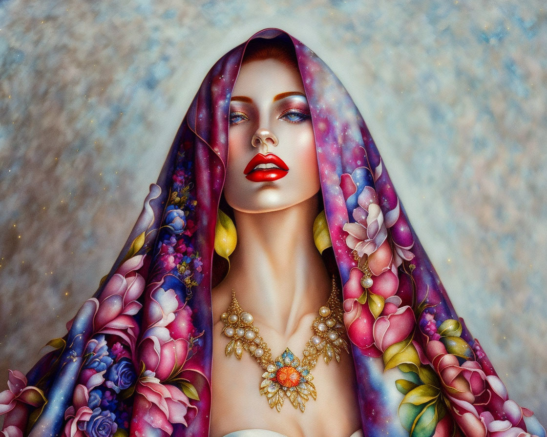 Woman with Vibrant Red Lips in Floral Shawl and Necklace