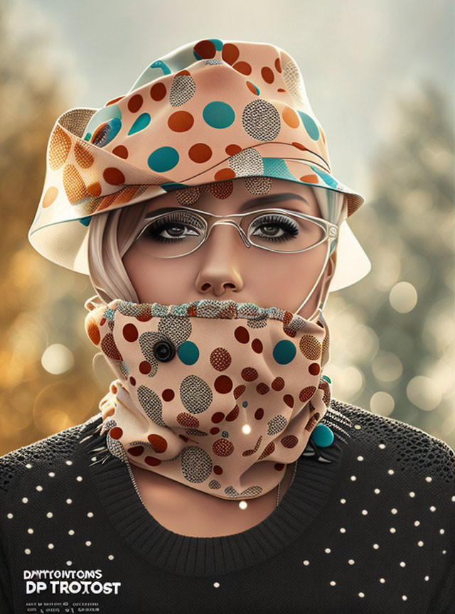 Digital Art Portrait of Woman with Short Hair in Dotted Hat and Stylish Glasses