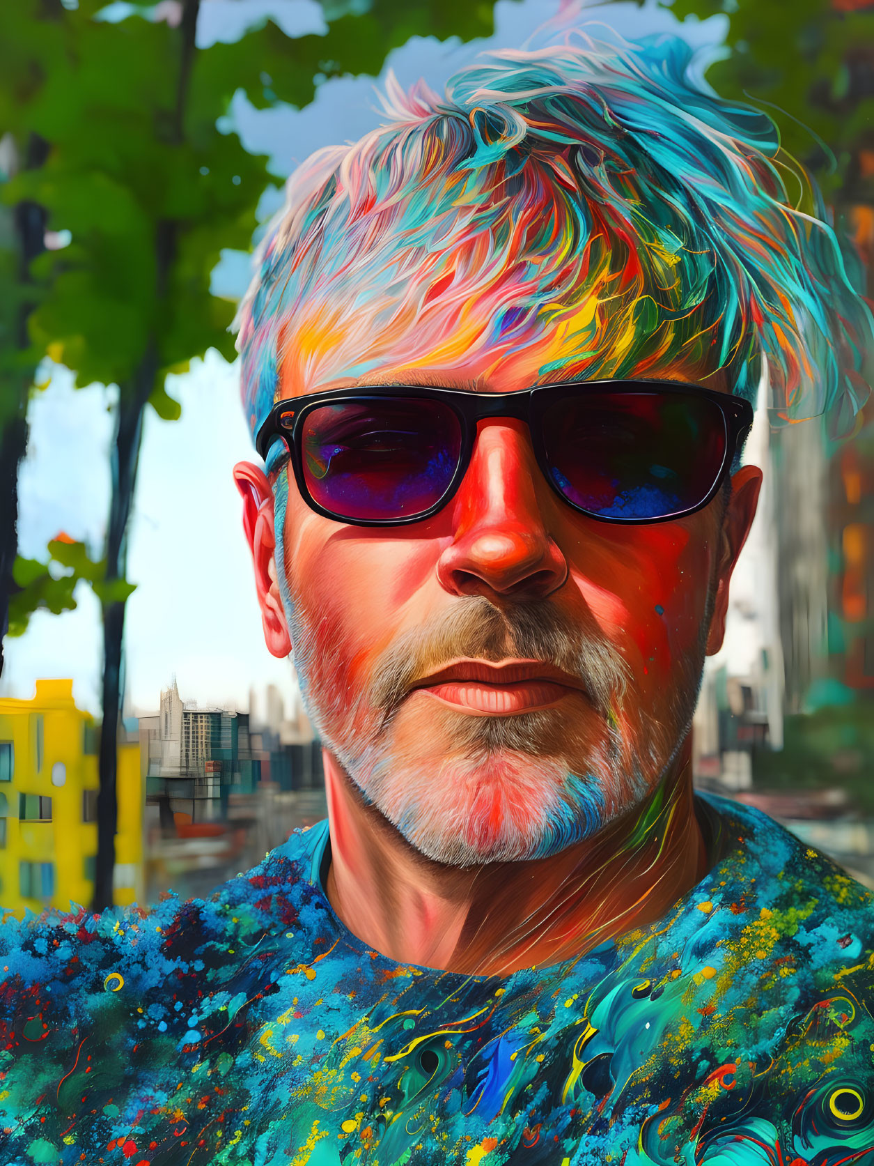 Vibrant digital portrait of a man with multicolored hair and beard