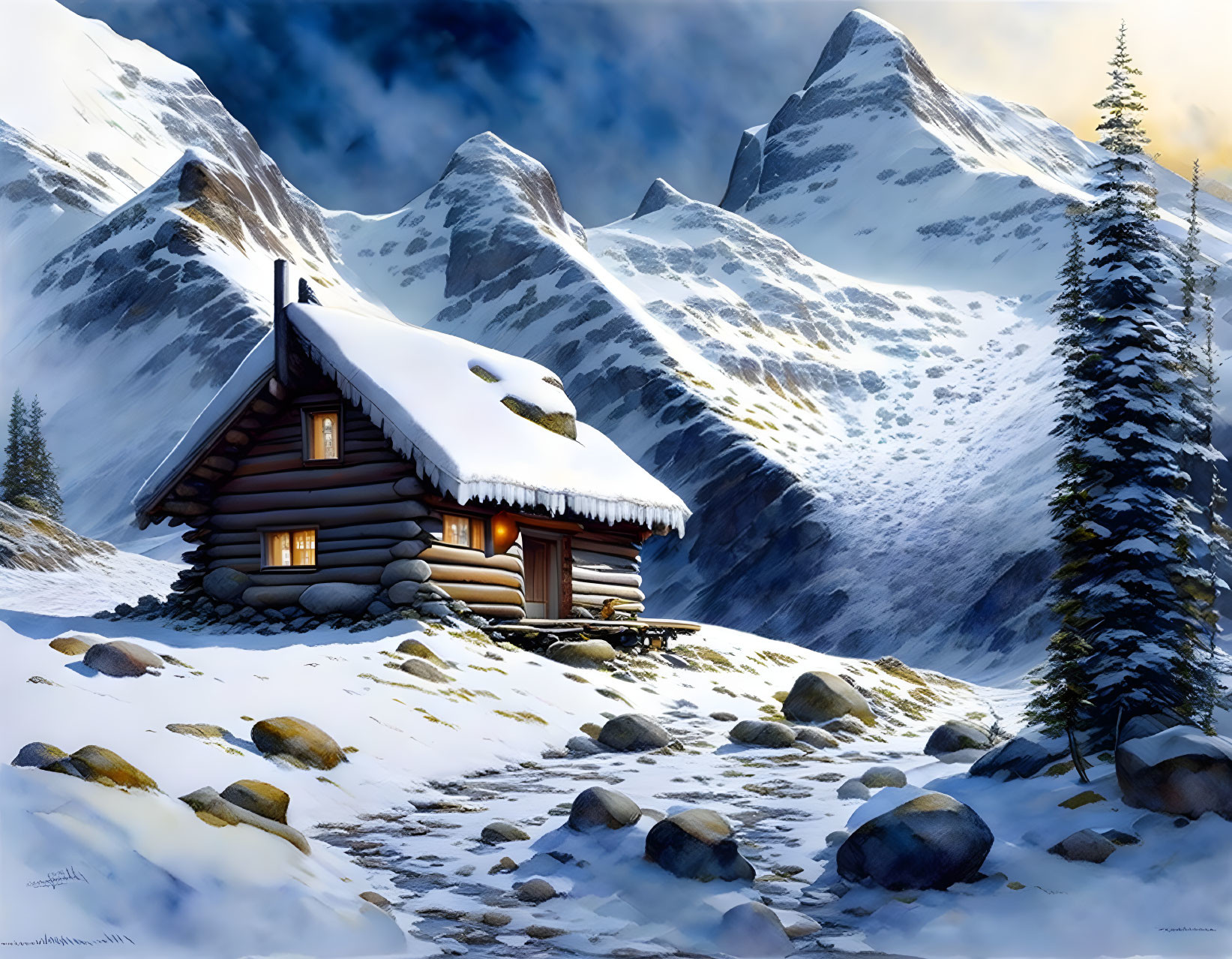 Snowy Mountain Scene: Cozy Cabin, Pine Trees, Sunlight