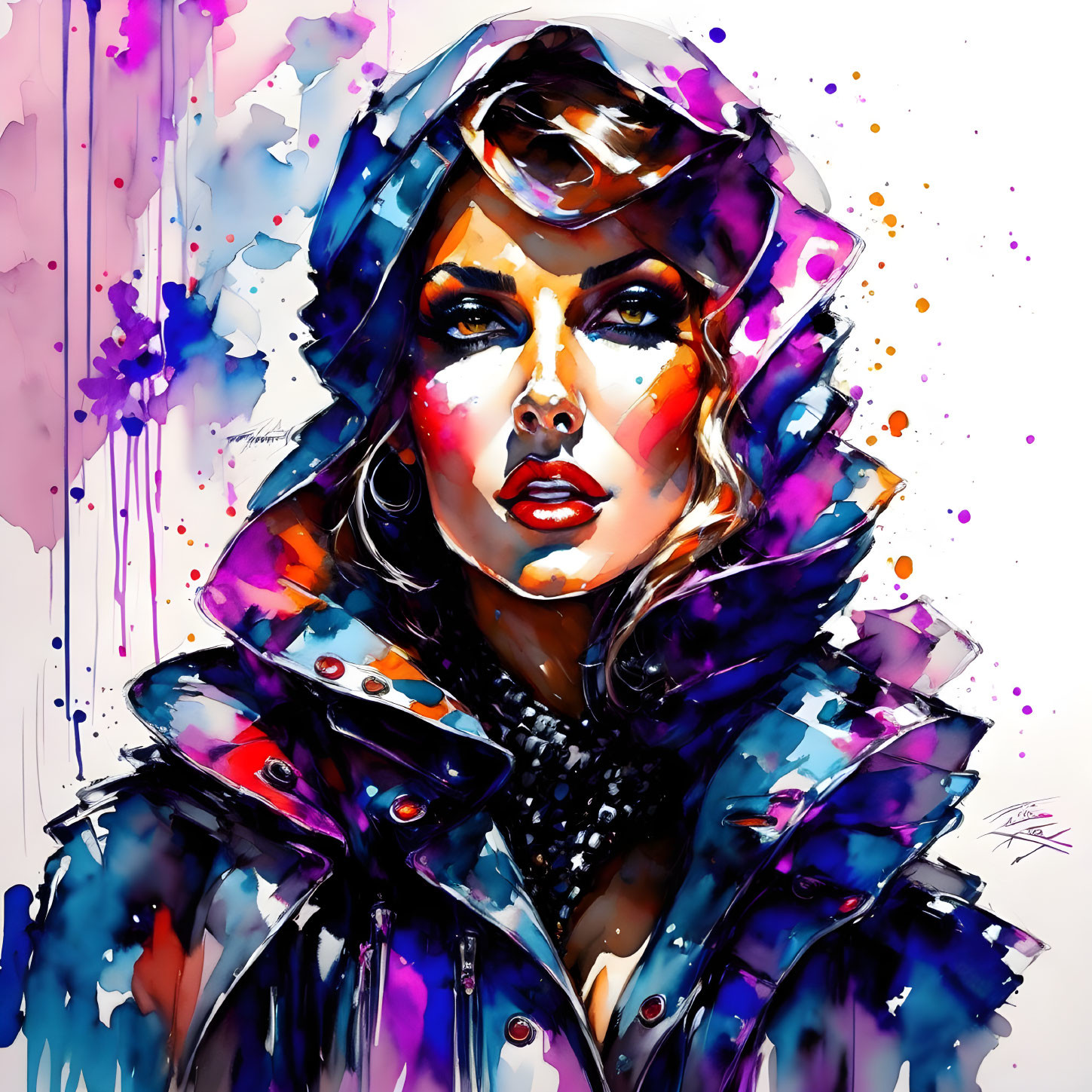 Vibrant abstract watercolor portrait of a woman in a hooded jacket