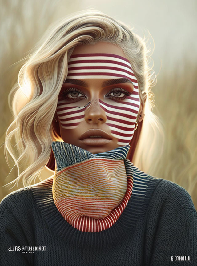 Striped face paint woman with swirling neck piece in field.