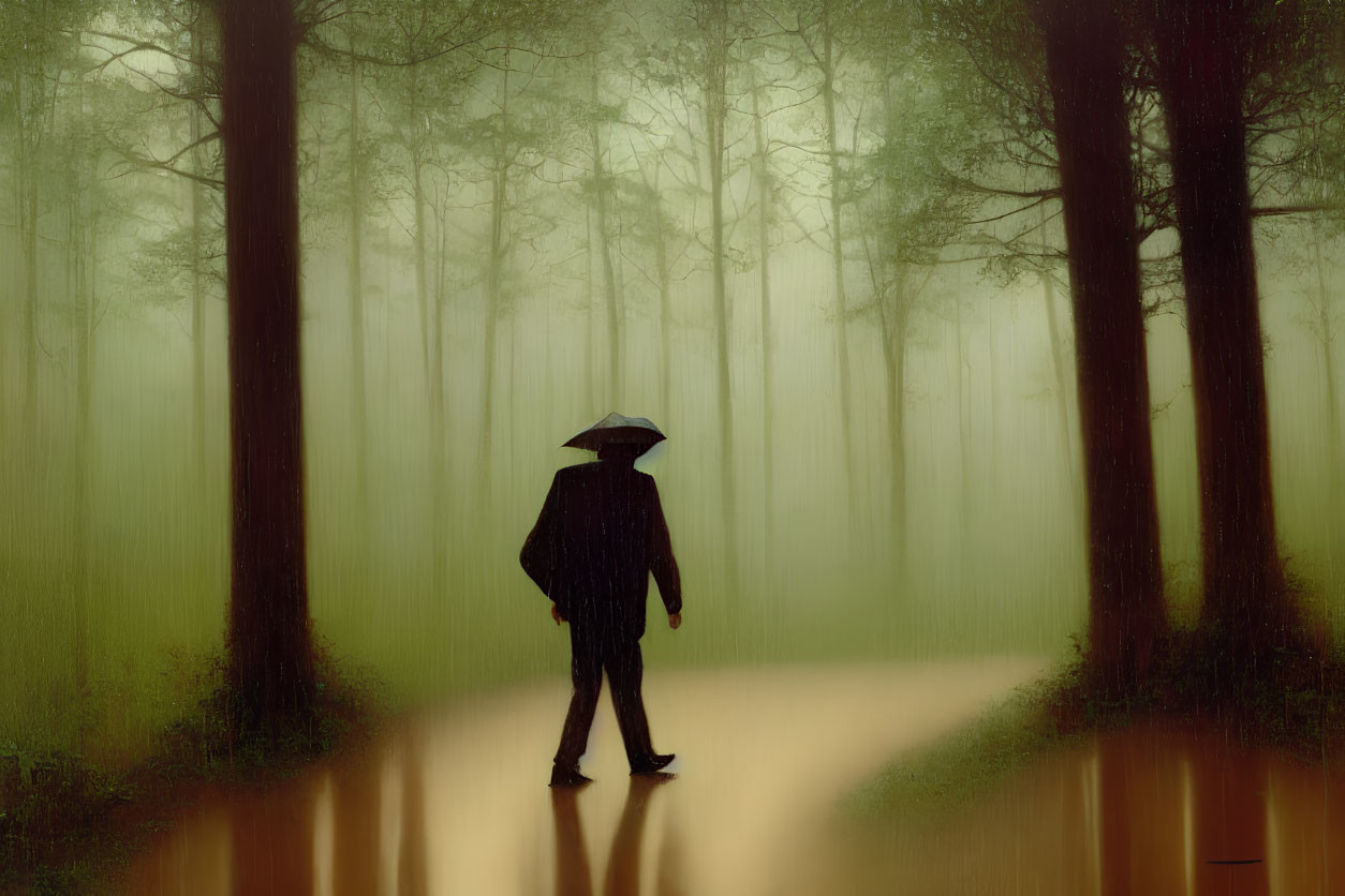 Silhouetted figure with umbrella in misty forest landscape