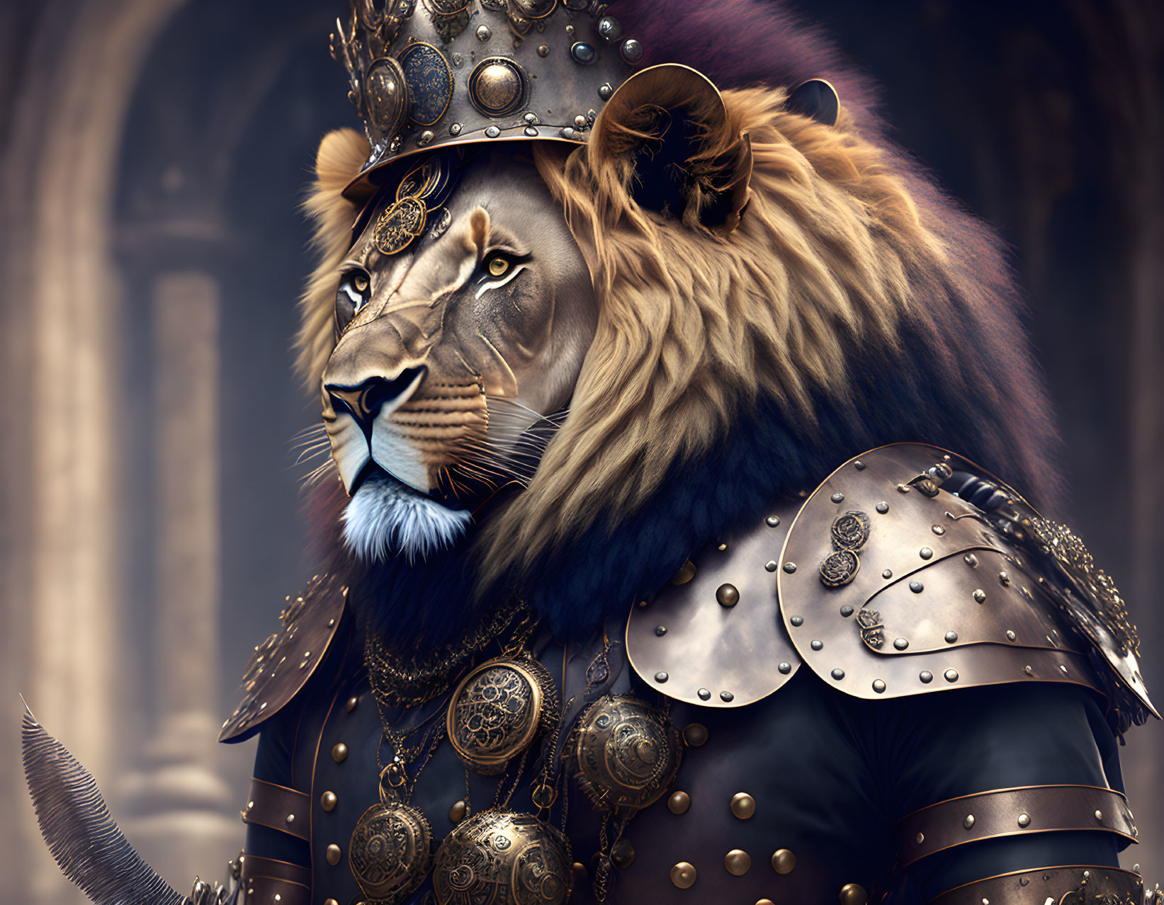 Regal lion in medieval armor and crown symbolizing power