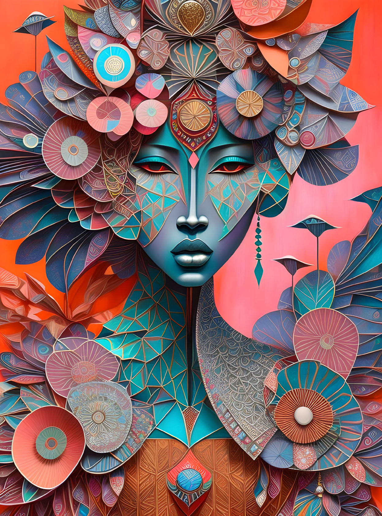 Colorful digital artwork of a stylized woman with floral and geometric patterns