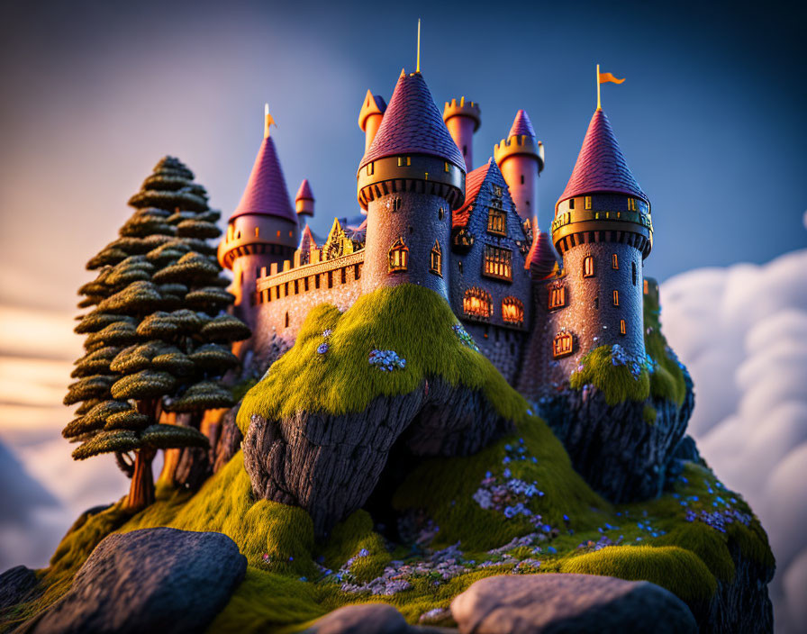 Fantastical castle with multiple towers on grassy hill under dramatic sky