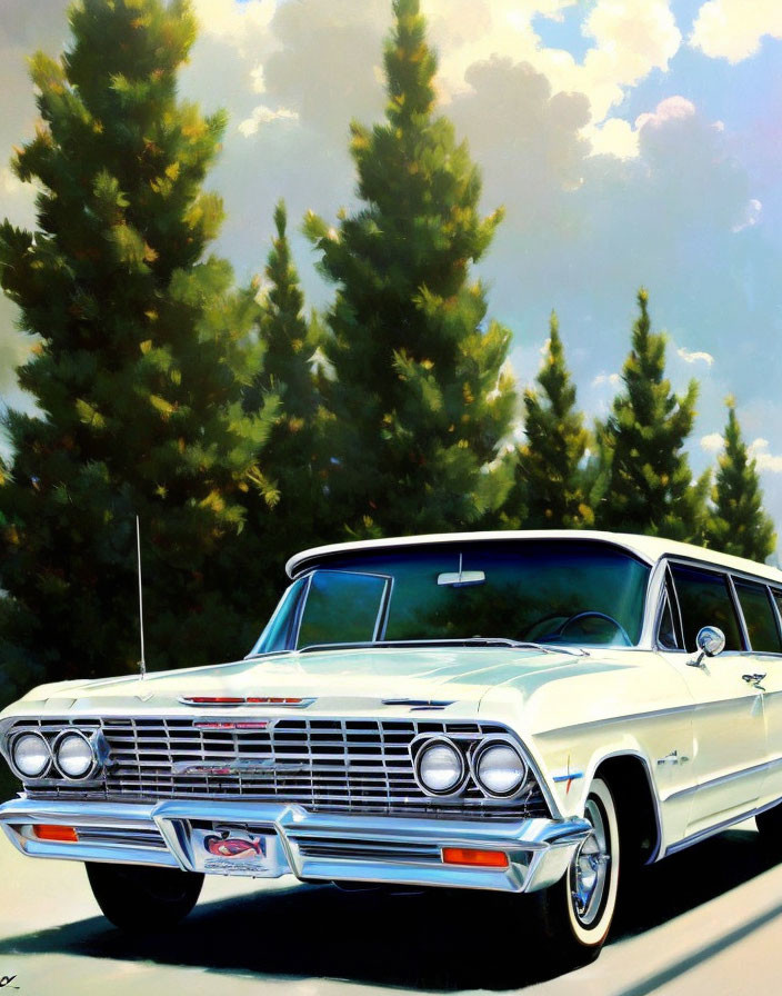 Vintage white car with chrome details parked by tall green trees under cloudy sky