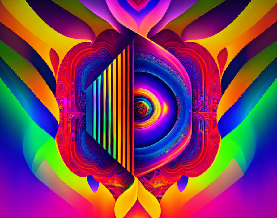 Vibrant Psychedelic Digital Art with Spiral and Symmetrical Patterns