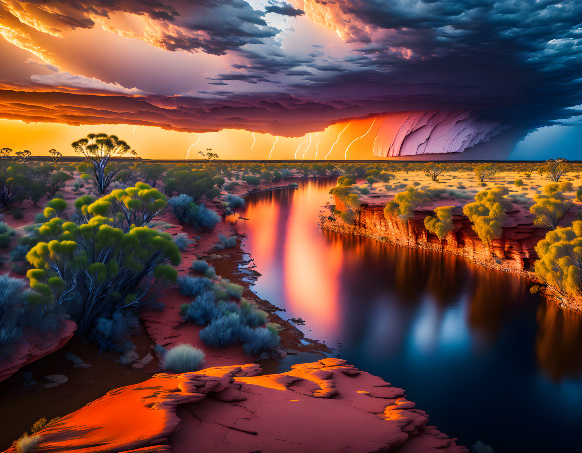 Vibrant sunset landscape with river, orange sands, green vegetation, purple clouds.