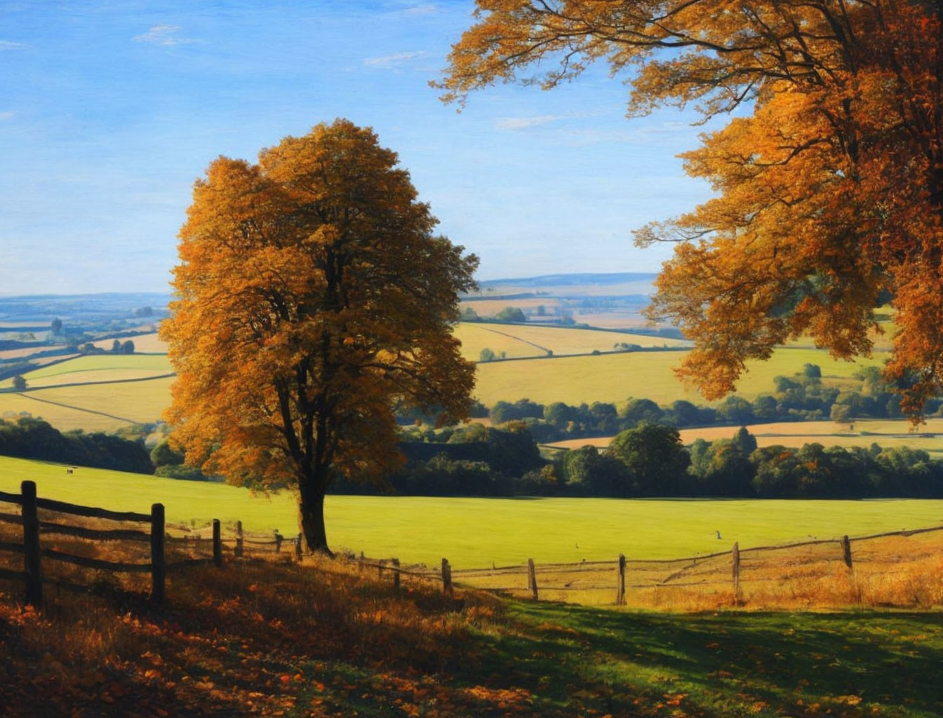 Tranquil autumn scene: golden trees, wooden fence, rolling hills under blue sky