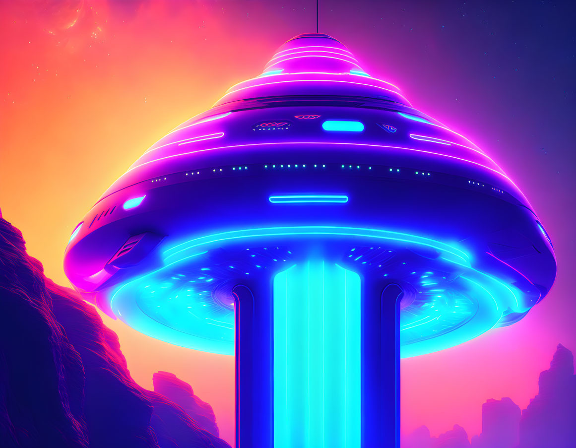 Large illuminated UFO lands on rocky terrain under pink and purple sky