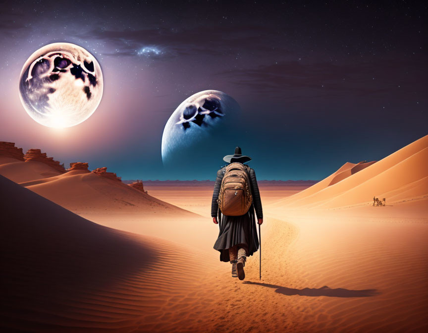 Person in coat and hat walking in desert with sand dunes and two moons