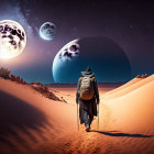 Person in coat and hat walking in desert with sand dunes and two moons