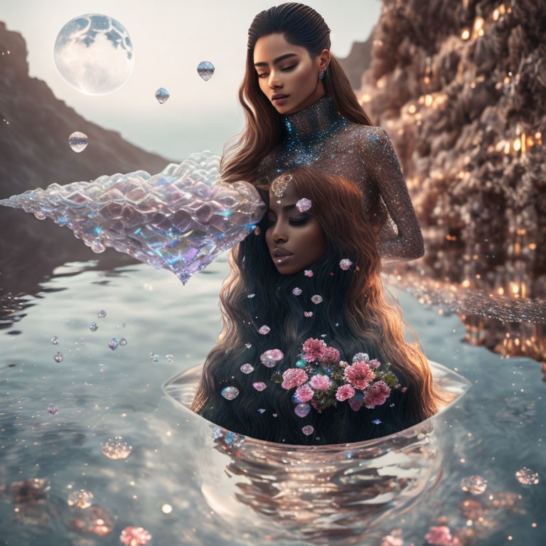 Fantastical moonlit scene with two women and flowers in water