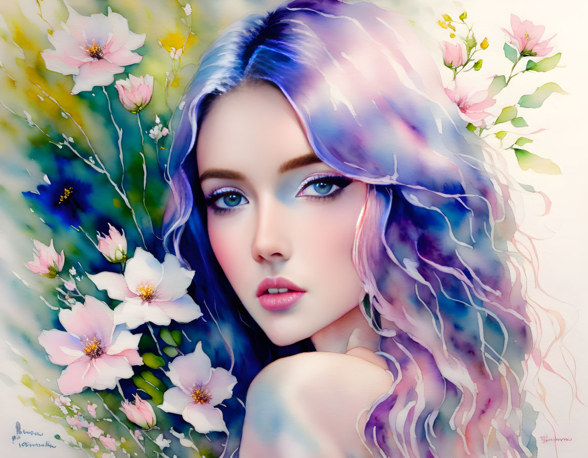 Colorful Illustration: Woman with Multi-Colored Hair and Blue Eyes Among Pastel Flowers