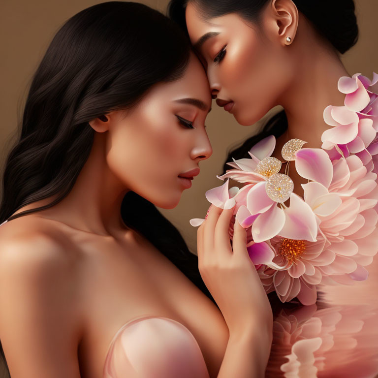 Two women with dark hair in intimate moment on beige background