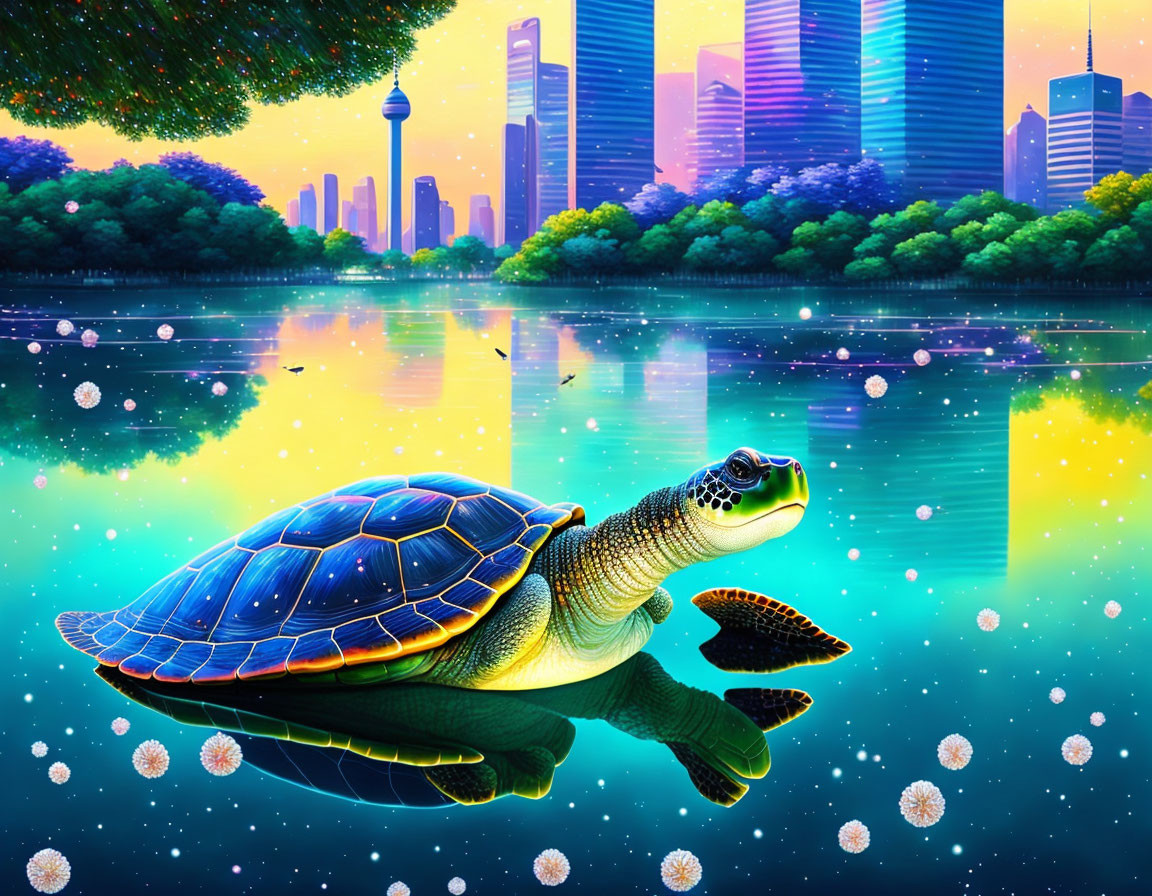 Colorful digital artwork: Turtle swimming in blue water with dandelions, futuristic city reflection