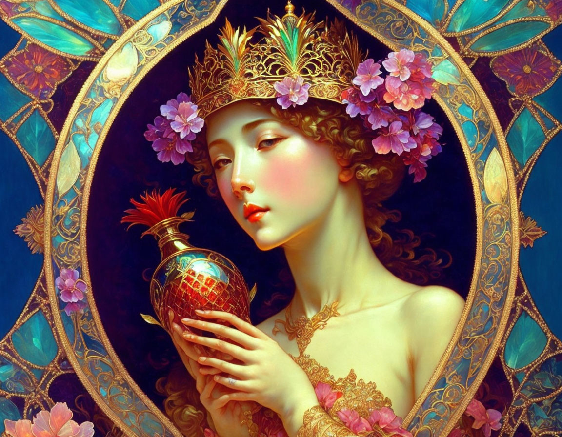 Regal woman with crown and red bottle among pink flowers and golden frame