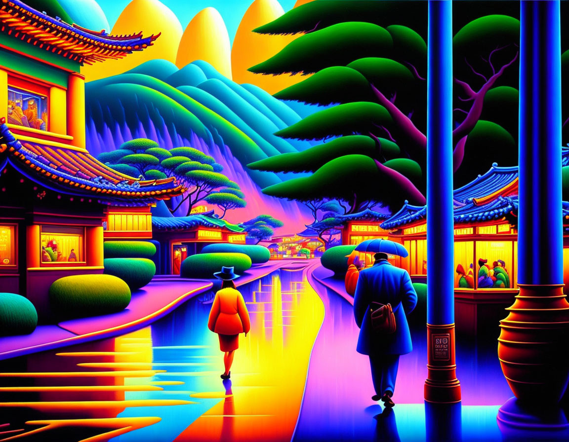 Neon-lit Asian street scene with glowing trees and hills