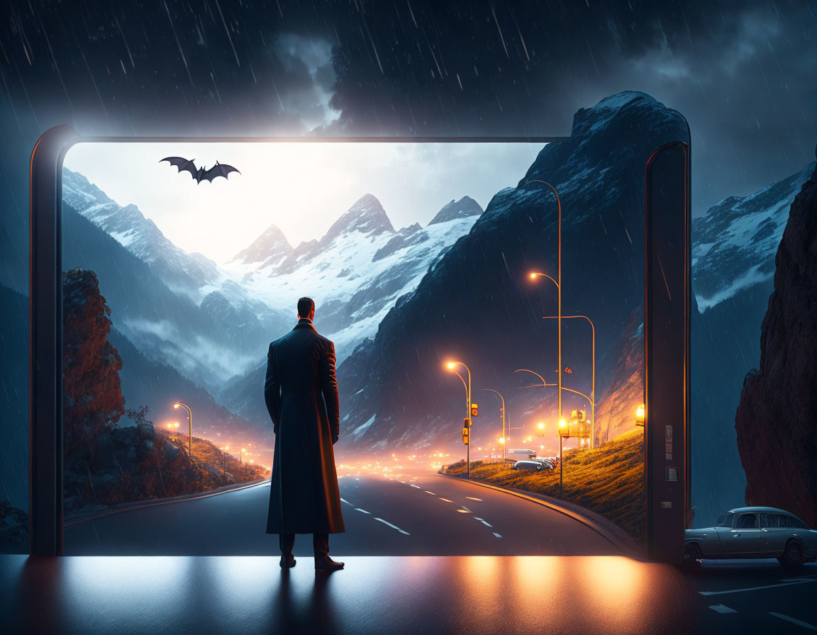 Man in coat gazes at tunnel entrance with bat silhouette in rainy landscape