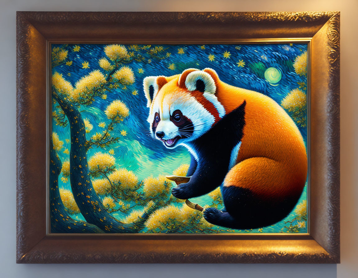 Red panda on branch in starry night painting in ornate gold frame