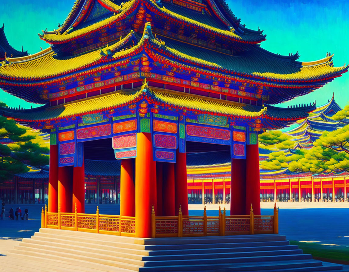 Colorful Asian palace illustration with red and blue designs and golden roof under clear sky