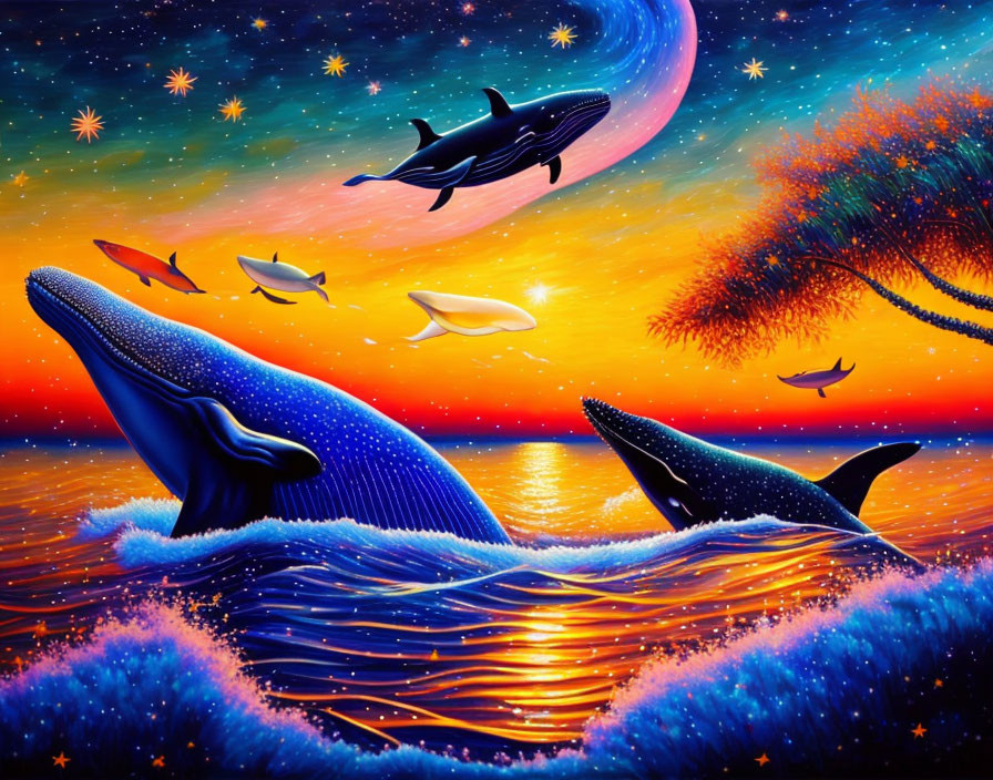 Colorful marine life painting with whales, fish, and moonlit ocean scene