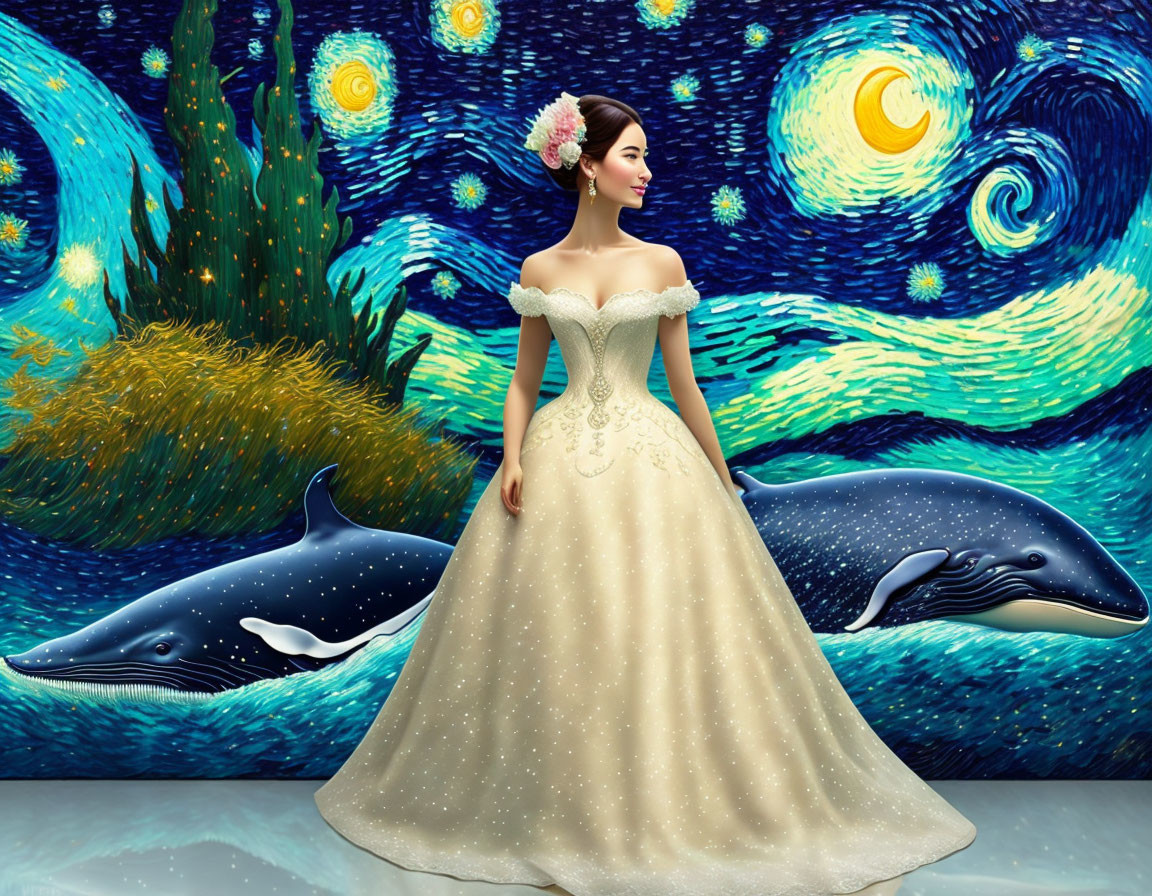 Woman in off-shoulder gown with Van Gogh's "Starry Night" backdrop and eth