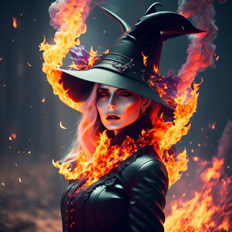 Person in Witch Hat with Dramatic Makeup Surrounded by Orange Flames