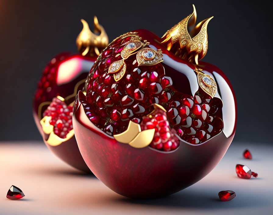 Ornate pomegranates with gold accents and jewels on dark background