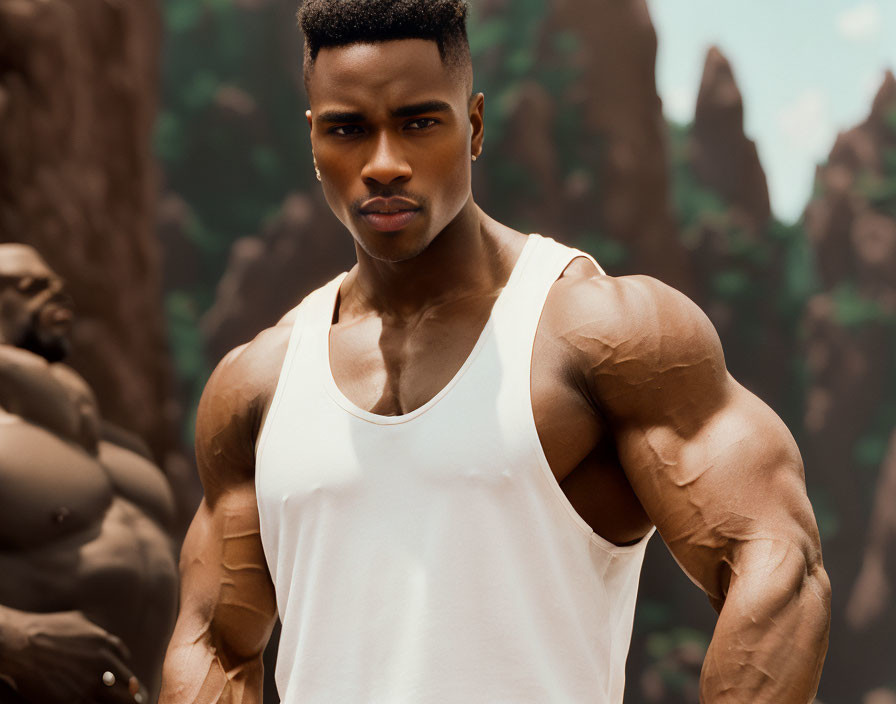 Muscular man in white tank top poses in rugged terrain