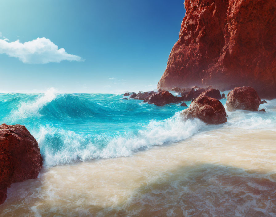 Vivid turquoise waves against red rocky cliffs and sandy beach