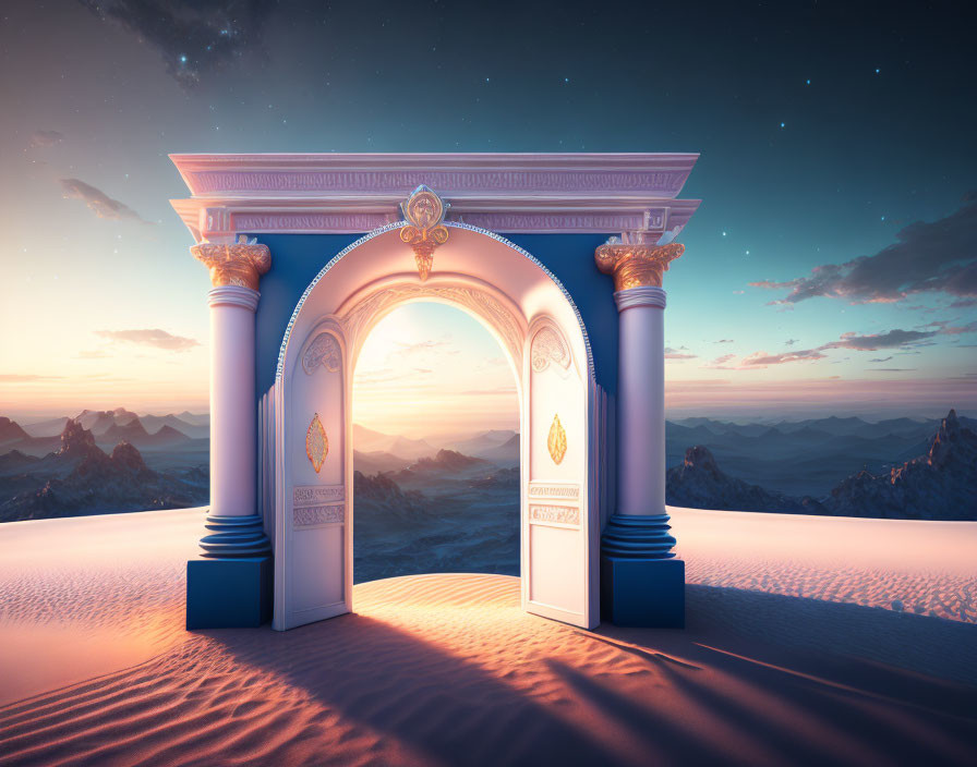 Ornate archway in desert landscape with mountains and starry sky