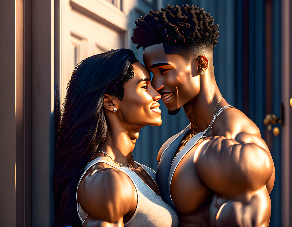 Exaggerated muscle definition on animated characters in warm sunlight