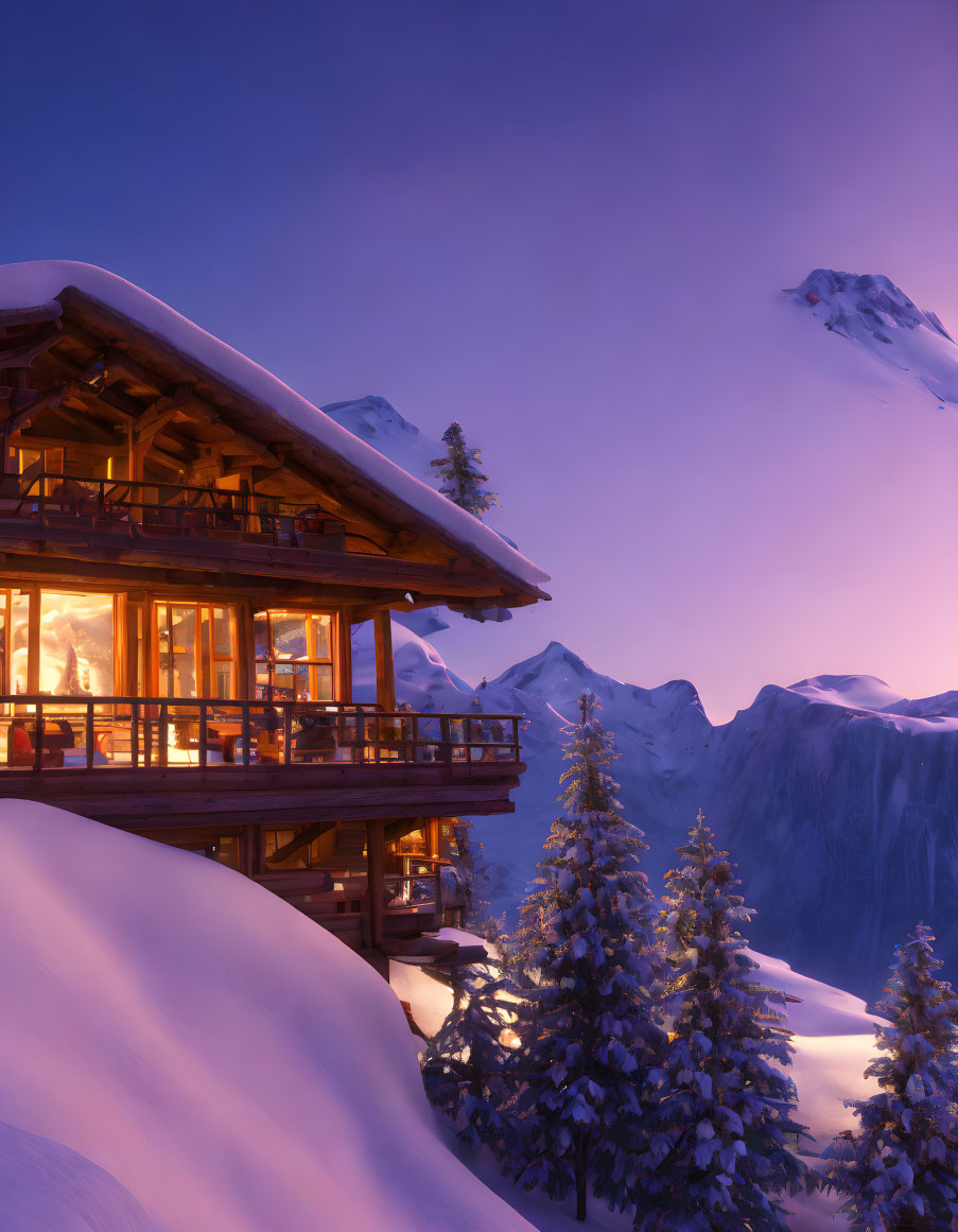 Snowy Mountain Cabin Nestled Among Glowing Windows and Snow-Covered Trees