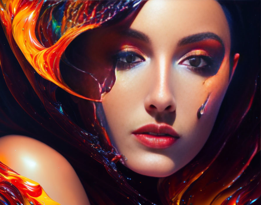 Colorful makeup and swirling liquid art create vibrant, surreal effect