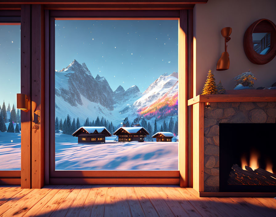 Snowy mountain landscape view from cozy room with fireplace