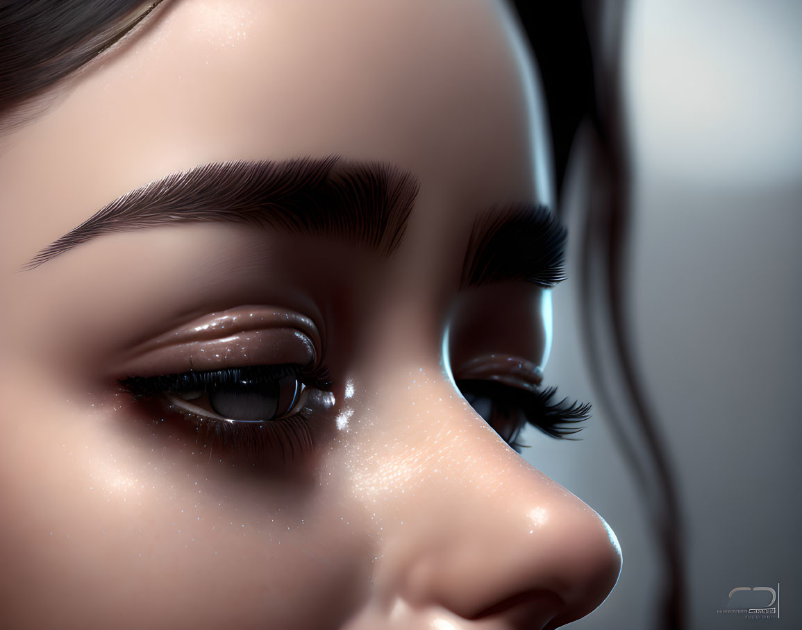 Detailed illustration of female face with realistic eyes, thick eyelashes, and freckles