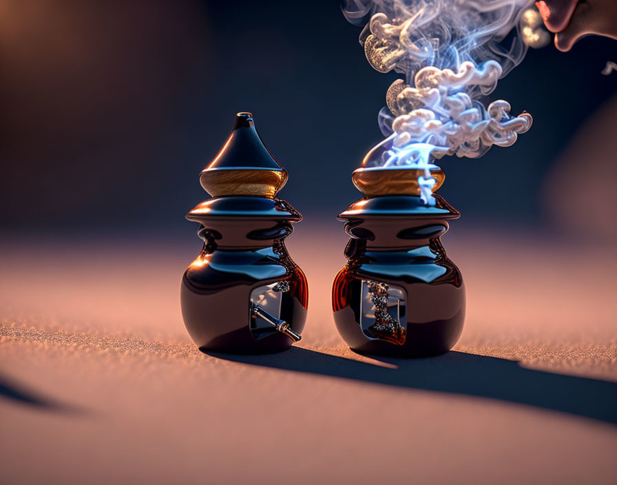 Ornate perfume bottles emitting magical smoke on warm background