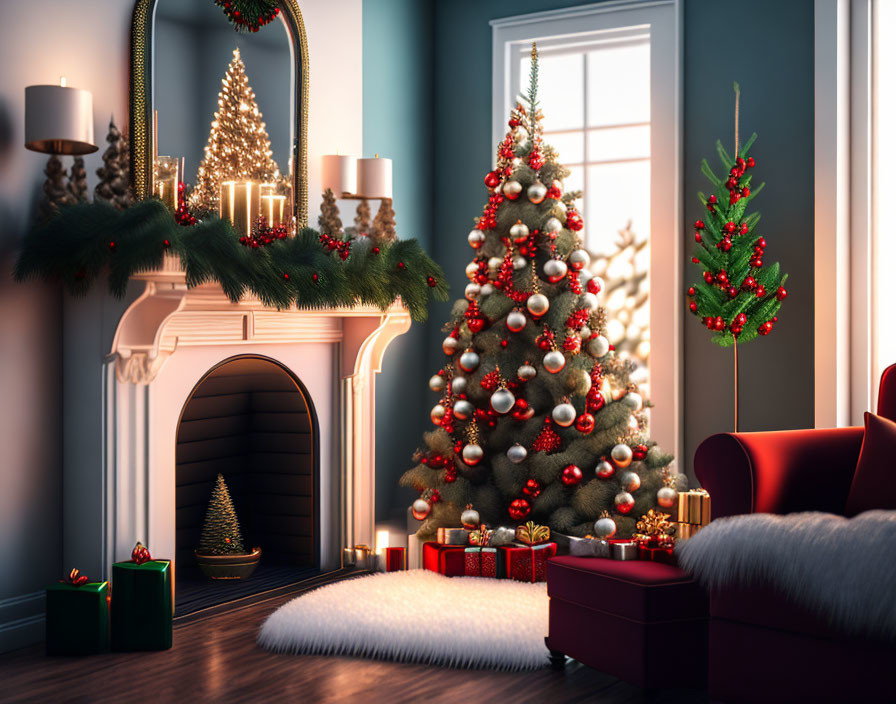 Festive Christmas scene with decorated tree, fireplace, gifts, candles, and red armchair