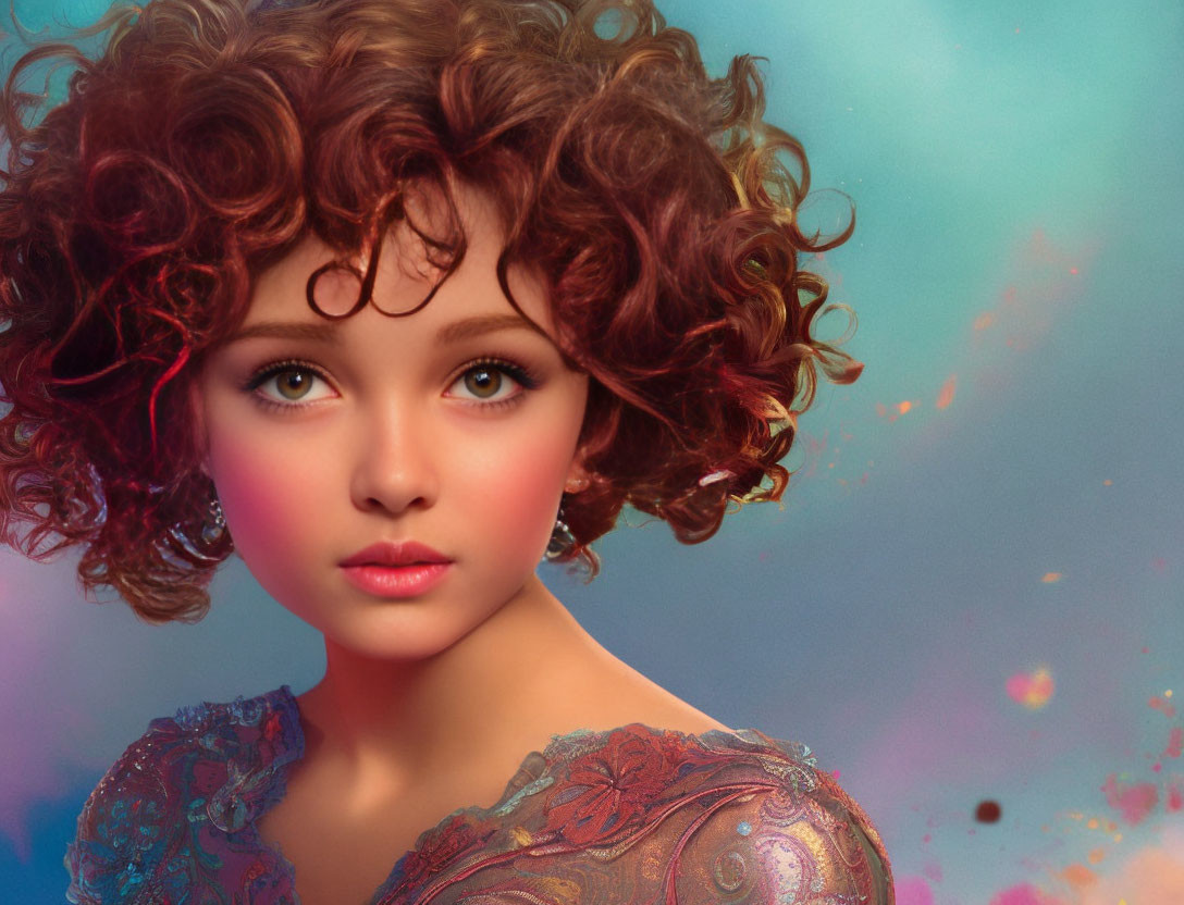 Digital artwork of female character with curly brown hair and large green eyes in intricate red garment on soft blue